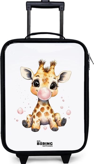 NoBoringSuitcases.com® - Kinderkoffer jongen - Kindertrolley meisje - Giraffe met roze kauwgombal - Koffer kind lichtgewicht - Reiskoffer trolley voor kinderen - Koffertje met lichtgevende wieltjes - Rolkoffer zwart