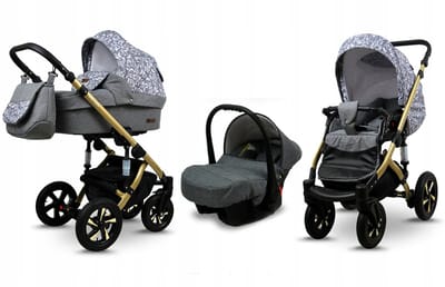 BabyLux® Kinderwagen 3in1 – SKY LARK - Grey Animals GOLD FRAME - Opklapbare Wandelwagen incl. Reiswieg, Multifunctionele Buggy Sportstoel, Autostoel - Combi-kinderwagen met Luiertas, Regenhoes, Klamboe, Bekerhouder, etc.