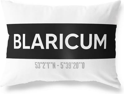 Tuinkussen BLARICUM - NOORD-HOLLAND met coördinaten - Buitenkussen - Bootkussen - Weerbestendig - Jouw Plaats - Studio216 - Modern - Zwart-Wit - 50x30cm
