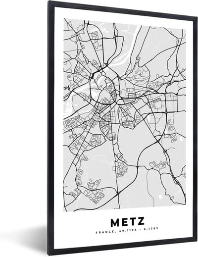 Fotolijst incl. Poster - Plattegrond - Metz - Stadskaart - Kaart - Frankrijk - 40x60 cm - Posterlijst