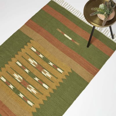 Homescapes handgeweven jute vloerkleed Lundi Groen - 90 x 150 cm, kelim patroon oranje-groen