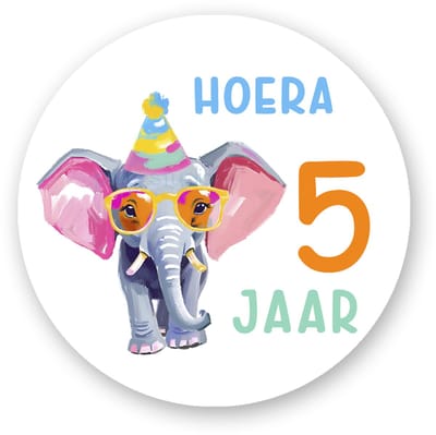25x Traktatiestickers Olifant – 5 jaar - Ø 4 cm – Perfect voor Kindertraktaties
