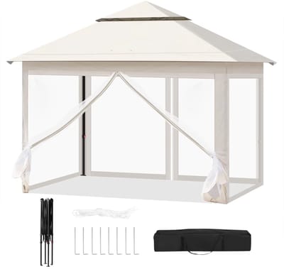Opvouwbaar tuinhuisje – Voor buitengebruik in tuin of terras – Met klamboe, in hoogte verstelbaar, UV-bescherming, inclusief draagtas – 300x300x276 cm, beige