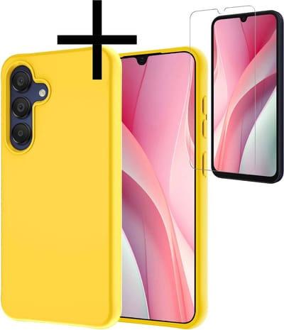 Hoesje - Met Screenprotector - Geschikt voor Samsung Galaxy A15 - Sterk & Shockproof - Back Cover - Siliconen Case - Telefoon Hoes - Geel