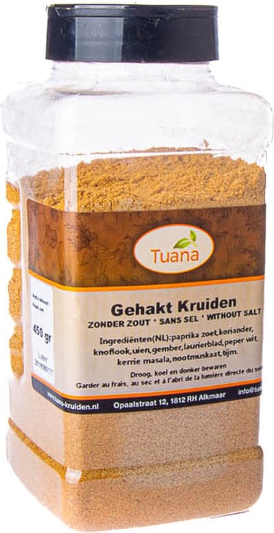 Tuana Kruiden - Gehakt Kruidenmix Zonder Zout - Strooibus 450 Gram - Tuanashop - GP-G-0002