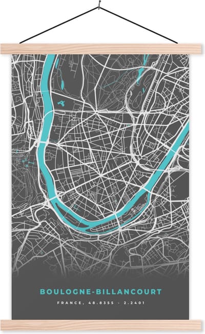 Posterhanger incl. Poster 40x60 cm - Schoolplaat - Frankrijk - Boulogne-Billancourt - Stadskaart - Kaart - Plattegrond - Textielposter - Blanke latten - Stadskaart