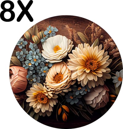 Luxe Ronde Placemat - Mooie Artistieke Bloemen - Set van 8 Placemats - 50x50 cm - 2 mm dik Vinyl - Anti Slip - Afneembaar