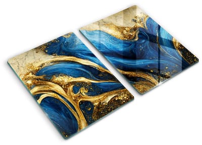 Wallfluent Spatscherm Keuken - Blauw Hittebestendig Glas Keuken - Set 2 Stuks 40x52 cm - Blauwgoud Marmer Keuken Achterwand Bescherming - Abstractie Rechthoekig Spatscherm Keuken