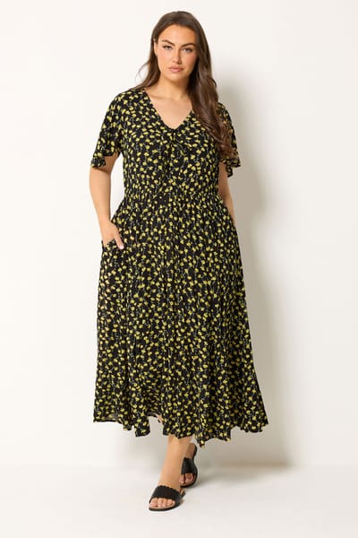 Yours Zwartgele Maxijurk Met Bloemenprint En Gekreukeld Effect Size 42