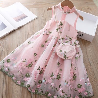 Roze geborduurde schattige Lolita-meisjes A-lijn jurk Kinderkleding Meisjesprinsessenrok Gesneden vest Mesh-rok Dunne zomer 110 gray