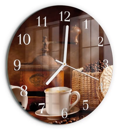 Tulup Wandklok - Kopje koffie Wandklok Glas Met Motief - 30fi cm - Bruin Decoratieve Glazen Klok - Witte Handen - Ronde Wandklok - Gekleurde Glazen Klok - Glazen Klok Met Print