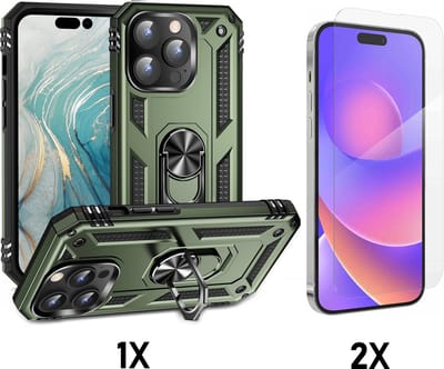 Casemania Hoesje Geschikt voor Apple iPhone 15 Pro - Groen / 2X Glazen Screenprotector - Anti-Shock Hybrid Armor Back Cover - Hoes met Kickstand Ring
