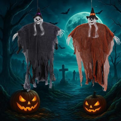 2 stuks Halloween decoratie outdoor, horror skelet Helloween decoratie deur, Halloween deurdecoratie binnen, Halloween-decoratie voordeur heks spook doodskop ghosts hangdecoratie buiten tuin