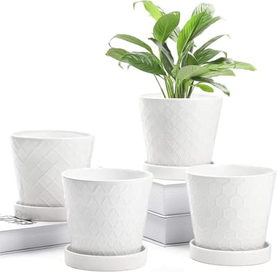 Famanu - Plantenpotten voor binnen, 12,7 cm diameter, met afvoeropening en keramische lade, voor tuinieren, thuis, bureaublad, kantoor, vensterbank, decoratiegeschenk, set van 4, planten niet