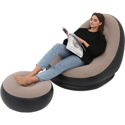 Opblaasbare stoel opvouwbaar gevlokt PVC comfortabel met voetenbankje opblaasbare loungestoel voor buiten bruin