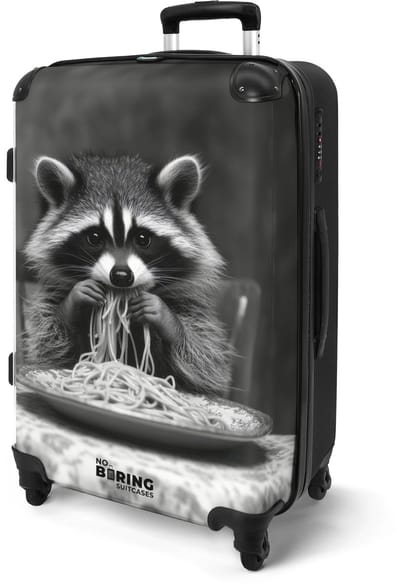 NoBoringSuitcases.com® - Koffer groot - Rolkoffer lichtgewicht - Zwart - Wit - Wasbeer eet spaghetti - Reiskoffer met 4 wielen - Valies grote trolley XL op wieltjes - Harde reistrolley met TSA slot - 20 kg bagage - Reizen
