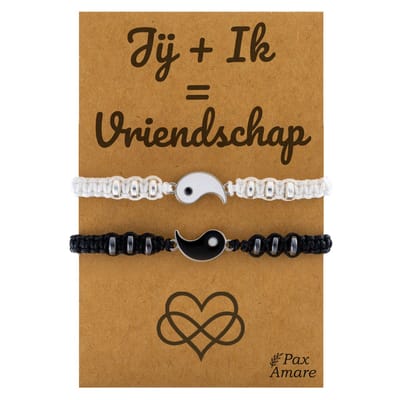 Vriendschapsarmbandjes voor 2 "Jij + Ik = Vriendschap" - Yin Yang - BFF Armbandjes met Cadeau Kaartje - Zwart & Wit - Elastisch Verstelbaar - Pax Amare