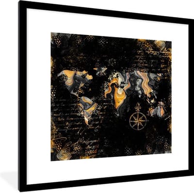 Poster in lijst - Fotolijst 40x40 cm - Posters - Wereldkaart - Verf - Goud - Kompas - Posterlijst zwart - Decoratie - Wanddecoratie woonkamer - Muurdecoratie slaapkamer