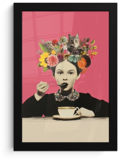 Poster in lijst - Fotolijst 20x30 cm - Posters - Meisje - Kopje - Bloemen - Roze - Posterlijst zwart - Decoratie - Wanddecoratie woonkamer - Muurdecoratie slaapkamer