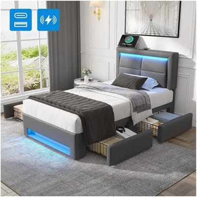 Merax 90 x 190 cm gestoffeerd bed met hoofdbord en 4 lades - LED's en USB-aansluitingen - PU-leer - Grijs (zonder matras)
