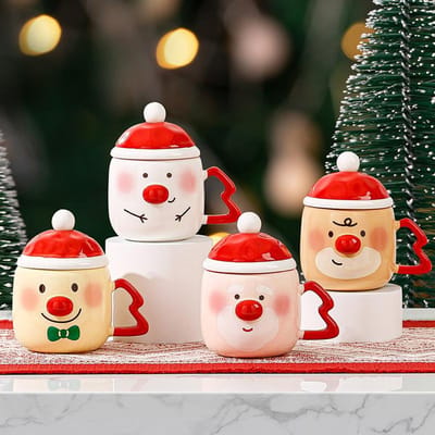 Schattige Kerst Keramische Kop Set met Deksel Lepel Melk Ontbijt Kopstel Koppen voor Stelletjes Verjaardagscadeau Waterkop 380ML white