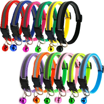 12 stuks Reflecterende Kattenhalsband Comfortabele Verstelbare Kittenhalsband met Belletjes voor Kleine Huisdieren Kleur black