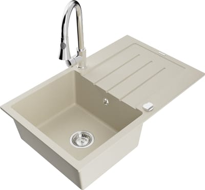 Mexen Bruno granieten gootsteen 1-komor met afdruiprek en keukenkraan Elia, beige - 6513-69-670101-00