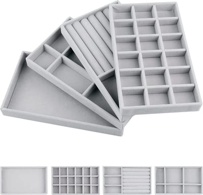 Sieradendienblad, fluweel, opbergbaar, stapelbaar, voor dames en meisjes, ringdisplay, organizer, sieradenkistje, juwelendoosje, grijs