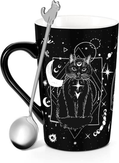 Schattige kattenmok met lepel, unieke koffietas in gothic ontwerp, perfect cadeau voor kattenliefhebbers en koffieliefhebbers