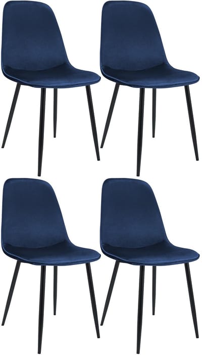 CLP Maryam Set van 4 eetkamerstoelen - klassiek - met rugleuning - zwart metalen frame - belastbaar tot 150 kg - Fluweel/donkerblauw