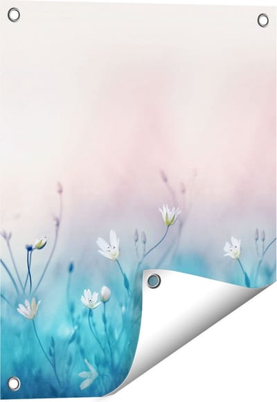 Gards Tuinposter Witte Bloemen op een Blauw Achtergrond - 40x50 cm - Tuindoek - Tuindecoratie - Wanddecoratie buiten - Tuinschilderij