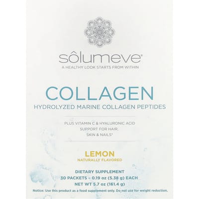 Solumeve, Marine Collageen Peptiden, met Vitamine C en Hyaluronzuur, Citroensmaak, 30 Zakjes, 5,38 g (0,19 oz) Elk