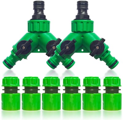 Dailygoods- Waterverdeler 2-weg met Ventiel - Tuinslang Koppeling - Y-verdeler - Slangverbinding - 6 Slangverbinders - Hoogwaardige Materialen - Slangverdeler