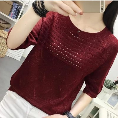 Vrouw truien trui zomer gebreid T-shirt korte mouwen dames losse holle top femme XXXL wijnrode kleur