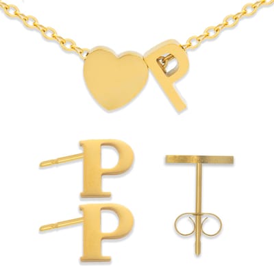 Initiaal Armband & Oorbellen set met Letter P Goudkleurig - Stainless Steel - Met letter & Hartje! - 2x Sieraden Cadeau - Pax Amare