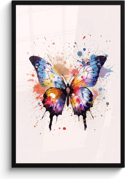 Poster in lijst - Fotolijst 60x90 cm - Posters - Vlinder - Roze - Verf - Kleurrijk - Posterlijst zwart - Kamer decoratie - Wanddecoratie kinderkamer - Muurdecoratie babykamer