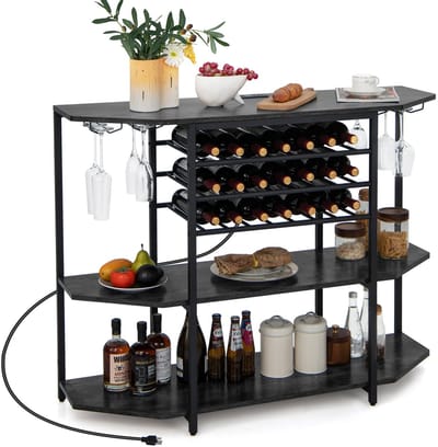 COSTWAY Wijnrek met glazen houder en planken, 3 niveaus, flessenrek met stopcontacten, voor 21 wijnflessen, industri毛le en vrijstaande wijnkast voor thuis, keuken, bar, 120 x 40 x 92 cm