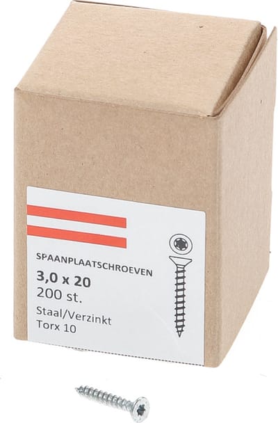 Hoenderdaal Spaanplaatschroef verzinkt platverzonken kop TX10 voldraad 3.0X20 (per 200 stuks)