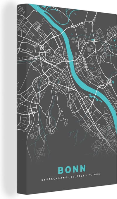 Canvas Schilderij Stadskaart – Bonn – Duitsland – Plattegrond – Kaart - 20x30 cm - Wanddecoratie