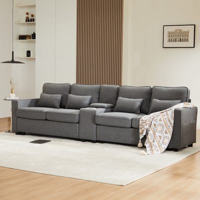 Wishdor 4-Zits Bioscoopbank XXL - Loungebank met Console & Opbergruimte - Bekerhouders & USB - Linnenlook Donkergrijs - 290x83x88 cm