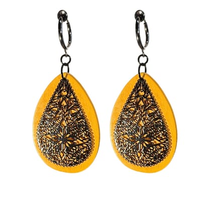 Klem oorbellen -hout- oranje oker -zwart-geen gaatje-Charme bijoux