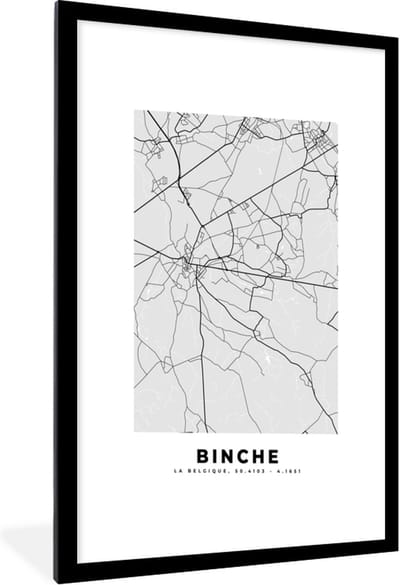 Fotolijst incl. Poster Zwart Wit- Zwart Wit – België – Plattegrond – Stadskaart – Kaart – Binche - 60x90 cm - Posterlijst