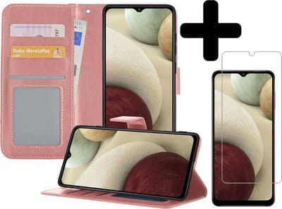 Hoesje - Met Screenprotector - Geschikt voor Samsung Galaxy A12 - Luxe Pasjeshouder - Bookcase Portemonee - Flip Case - Kunstleer Book Case - Flipcase - Book Cover - Walletcase - Portemonneehoes - Telefoonhoesjes - Rosé goud