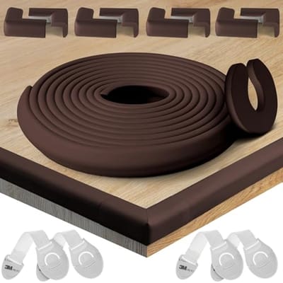 Complete Babyproofing Set – 6,4 m Randbescherming, 8 Hoekbeschermers, 4 Ladesloten en Deurstopper, 7 mm Dik Schuim voor Tafels en Meubels