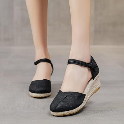 Patchwork Dames Linnen Wedge Espadrilles Sandalen 6cm Hoge Hak Zomer Elegante Dame Dichte Teen Schoenen Zwart Rood Wit Beige 38 zwart