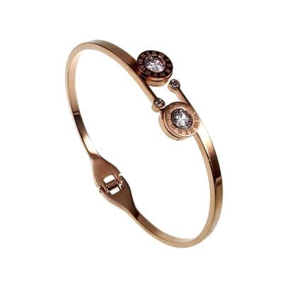 Bangle Armband, Stijve Armband met Zirkonia en Romeinse Cijfers, RVS Roségoudkleurig, Dames – 16 tot 18cm