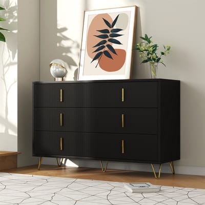 STILVORA Dressoir - Golvend Front Met Gouden Handgrepen - 6 Lades Met 15 cm Poten Voor Robotstofzuigers - Spaanplaat - 120x40x77 cm - Zwart+Goud