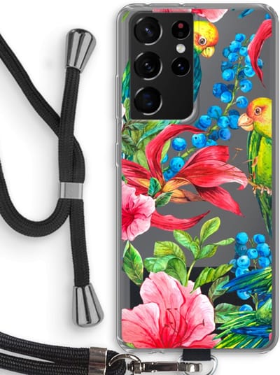 Case Company® - Hoesje met koord geschikt voor Samsung Galaxy S21 Ultra hoesje met Koord - Papegaaien - Telefoonhoesje met Zwart Koord - Bescherming aan alle Kanten en Over de Schermrand