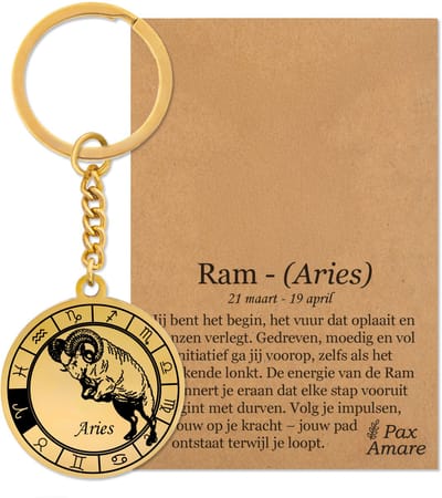 Sterrenbeeld Ram (Aries) Sleutelhanger op Cadeau Kaartje – Spiritueel Cadeau van Roestvrij Staal – Goudkleurig – Pax Amare