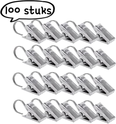 100 stuks - Metalen gordijnclips - Gordijnhaken - Gordijngespen - Gordijnaccessoires - Metalen douchegordijnhaken - Zilver